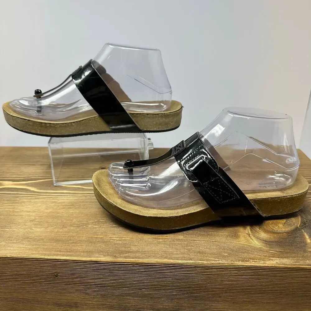CLARKS Shiny Black Patent Leather Cork Sandals Womens 6 Flip Flops Comfort Shoes